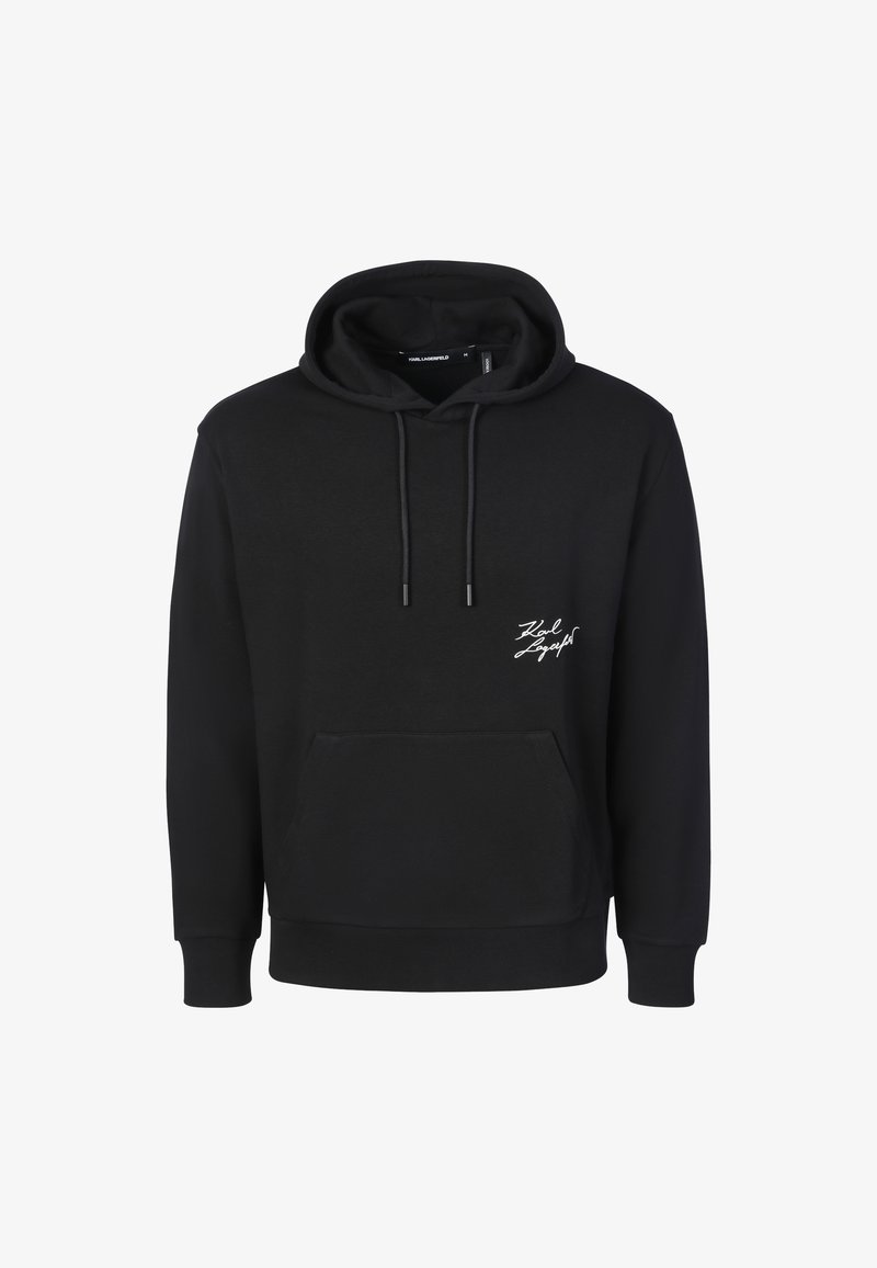 Sweat à capuche noir avec poche avant, cordons et petit logo blanc "Karl Lagerfeld" sur la poitrine gauche.