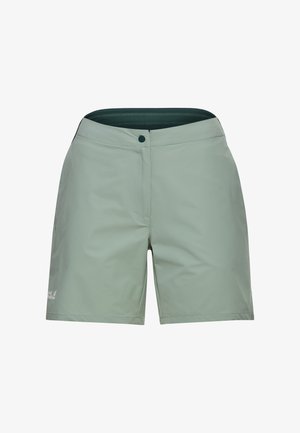 Lichtgroene outdoor short met een knoopsluiting, een platte tailleband en een subtiel logo op het linkeronderbeen.