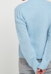Pull bleu clair tricoté avec un motif texturé, des manches bouffantes et un ourlet côtelé. Confectionné dans un matériau doux et respirant, adapté à un usage décontracté.