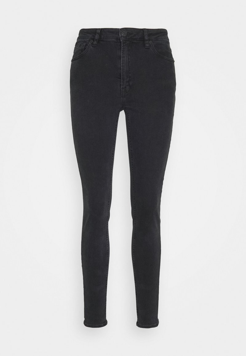 Jean skinny noir taille haute avec bouton avant, fermeture éclair, passants pour ceinture, et poches avant et arrière, présenté sur un fond blanc.