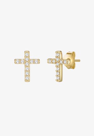 Gold cross earrings featuring a row of clear crystals set in a polished gold metal, secured with a butterfly back closure.