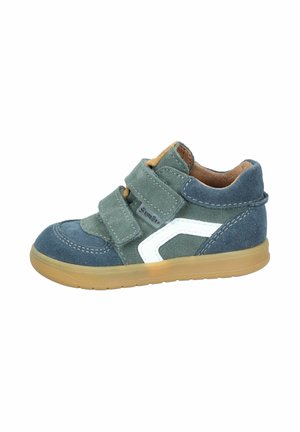 Green and blue suede toddler shoes with white accents, double Velcro straps, and a tan rubber sole. Rounded toe and stitched detailing.