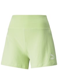 Pantalones cortos deportivos de color verde claro con una cinturilla acanalada y tela de algodón suave. Presenta un pequeño logotipo blanco de Puma en la parte inferior de la pierna.