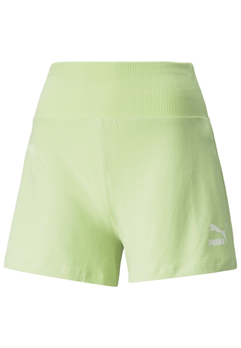 Pantalones cortos deportivos de color verde claro con una cinturilla acanalada y tela de algodón suave. Presenta un pequeño logotipo blanco de Puma en la parte inferior de la pierna.