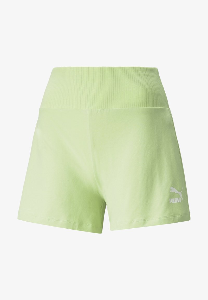 Pantalones cortos deportivos de color verde claro con una cinturilla acanalada y tela de algodón suave. Presenta un pequeño logotipo blanco de Puma en la parte inferior de la pierna.