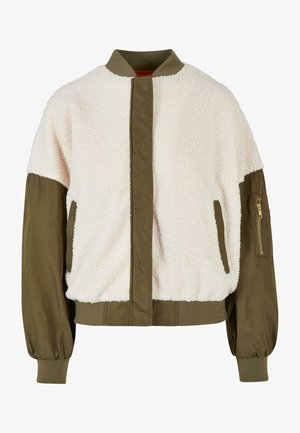 Fleece bomberjack met een crèmekleurig lichaam en olijfgroene mouwen, voorzien van een ritszak, ribbeborstels en een ronde hals.