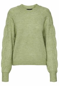 Vaaleanvihreä neulepaita, jossa on pyöreä pääntie ja nyöri-neulekuvio hihoissa. Pehmeä rakenne, ribbaus hihansuissa ja helmasssa.