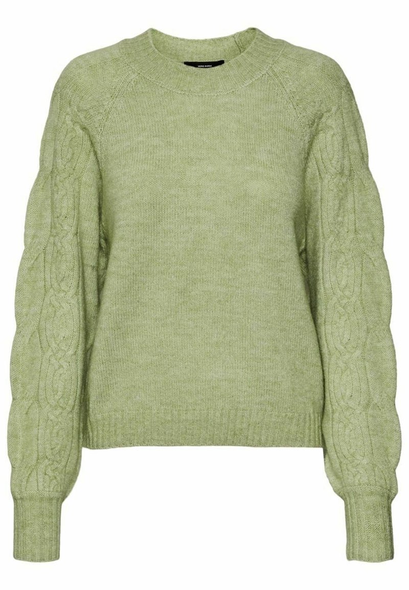 Vaaleanvihreä neulepaita, jossa on pyöreä pääntie ja nyöri-neulekuvio hihoissa. Pehmeä rakenne, ribbaus hihansuissa ja helmasssa.