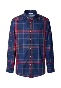 Camisa de manga larga azul marino con un patrón a cuadros en rojo, verde y blanco, que presenta un cuello abotonado y botones blancos.