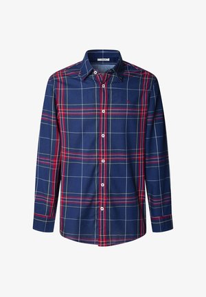 Sötétkék, hosszú ujjú ing, piros, zöld és fehér kockás mintával, gombos gallérral és fehér gombokkal.
