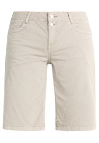 Beige bomullsshorts med rak skärning, med två framknappar, sidfickor och en mjuk stoftex. Vanlig fåll.