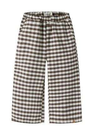 Pantaloni larghi a quadri marroni e bianchi con vita elastica e tasche laterali, mostrati su uno sfondo semplice.
