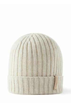 Bonnet en tricot beige avec une texture côtelée et un revers replié. Présente une petite étiquette en tissu avec "FALCONERI" sur le côté.