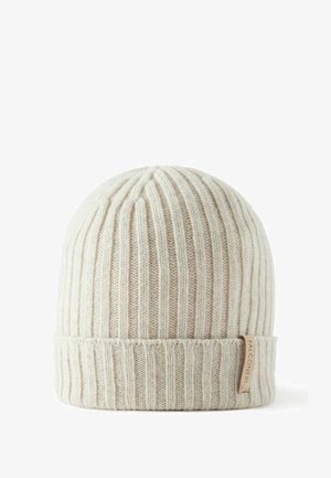 Strikket hue i beige med ribbet tekstur og en foldet manchet. Indeholder en lille stofmærke med "FALCONERI" på siden.