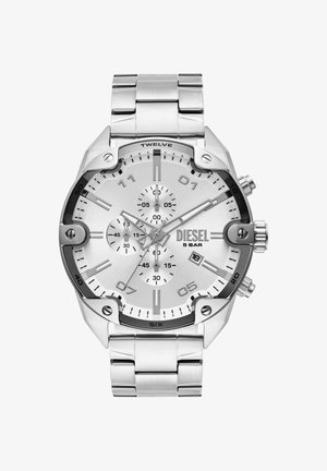 Herren-Silber-Diesel-Armbanduhr mit Chronograph, Datumsanzeige, Metallgliederarmband und Wasserdichtigkeit bis 5 bar.