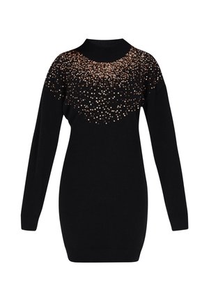 Rochie pulover neagră, cu mâneci lungi, având un design texturat împodobit cu paiete de nuanță cuprie pe decolteu.