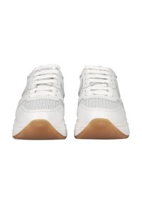 White athletic shoes featuring a mesh upper, round toe, flat lace-up design, and rubber sole with a textured light brown outsole.