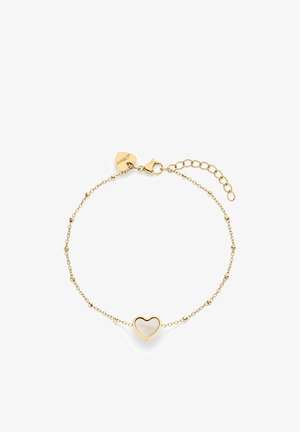 Goldene Gliederarmband mit einem herzförmigen Anhänger mit transparentem Zentrum und kleinen runden Gliedern, abgeschlossen mit einem Karabinerverschluss und Verlängerungskettchen.