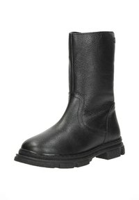 Zwarte leren enkelboot met een gestructureerd oppervlak, ronde neus en een robuuste rubberen zool. Minimale stiksels en geen zichtbare versieringen.