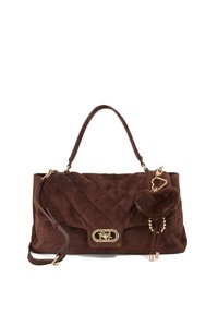 Brown suede handbag with quilted design, gold hardware, and a decorative keychain featuring a faux fur heart and beads.