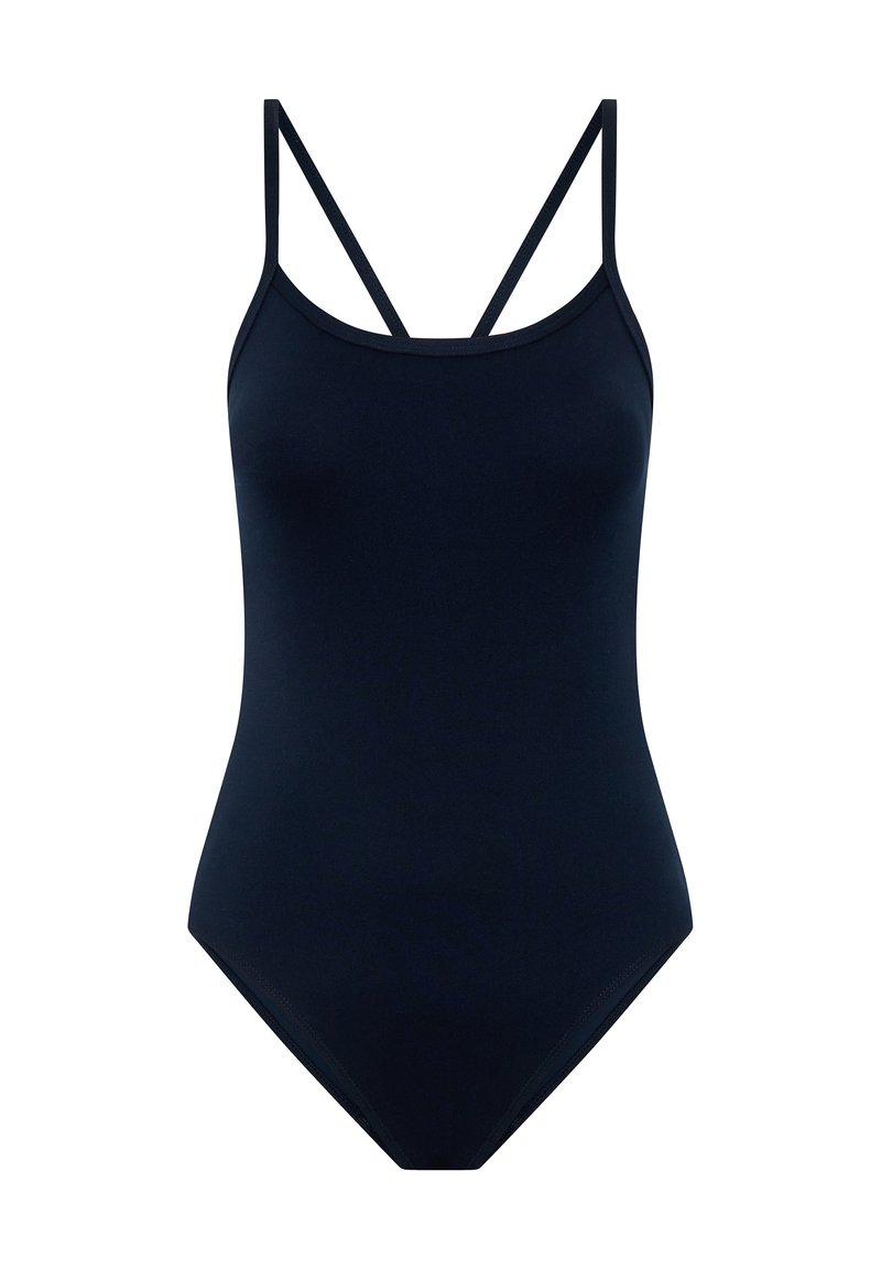 Navyblauer Einteiler mit dünnen Trägern, der über einen Rundhalsausschnitt und ein hoch geschnittenes Bein verfügt, um eine schlanke Silhouette zu formen.