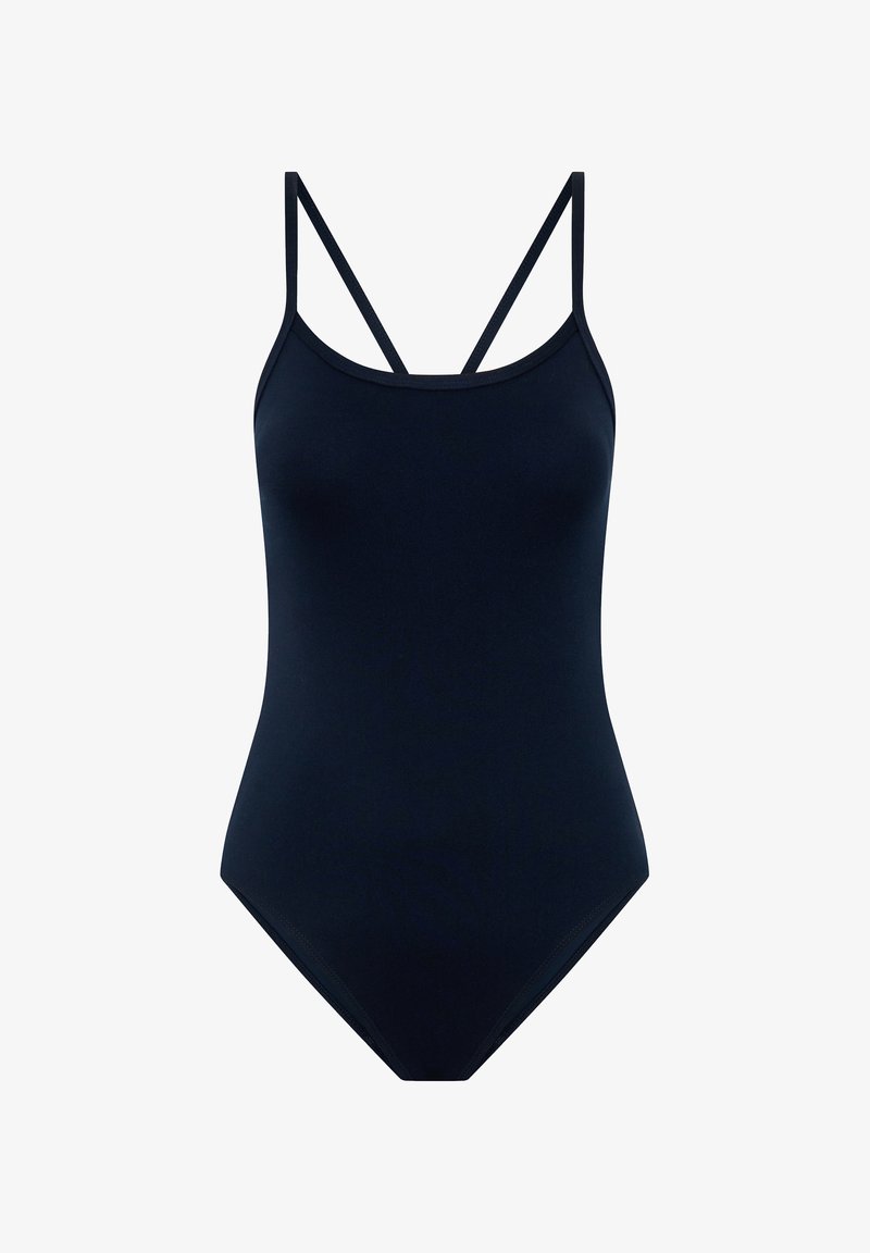 Navyblauer Einteiler mit dünnen Trägern, der über einen Rundhalsausschnitt und ein hoch geschnittenes Bein verfügt, um eine schlanke Silhouette zu formen.