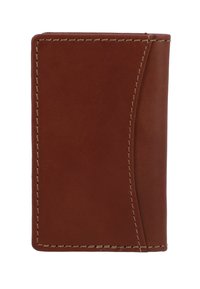 Bruine leren portemonnee met beige stiksels langs de randen en een gebogen naaddetail aan de rechterkant.