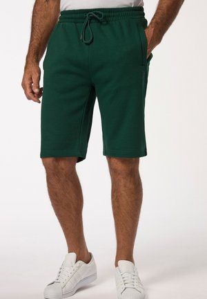 Grüne Baumwollmischung-Shorts mit einem elastischen Bund und Kordelzug, Seitentaschen und geradem Schnitt, der bis zur Mitte des Oberschenkels reicht.