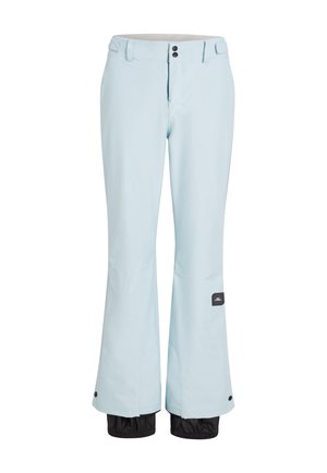 Himmelblaue Skihosen mit einem leicht ausgestellten Design, die schwarze Akzente an den Bündchen und zwei vordere Knöpfe aufweisen. Glatte Textur, wasserdichtes Material.