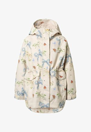Giacca beige con cappuccio, decorata con motivi floreali e farfalle, tasche anteriori, vita regolabile e chiusura con bottoni a pressione.