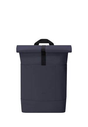 Dark gray roll-top backpack with front pocket and black strap handle, shown against a white background.