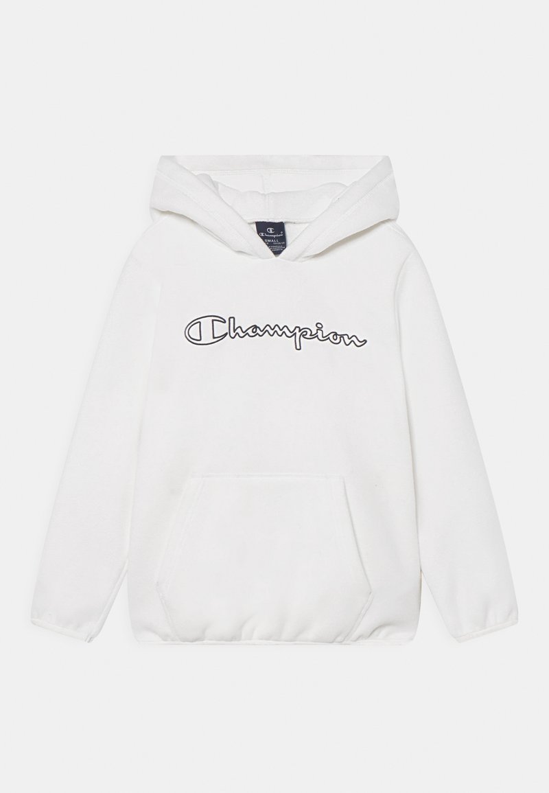Felpa bianca con cappuccio realizzata in un morbido tessuto, dotata di una tasca frontale, con il logo "Champion" in scrittura sul petto.