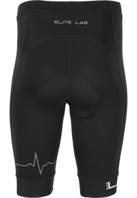 Pantaloni sportivi neri aderenti, realizzati in tessuto elasticizzato. Presentano una grafica di una linea del battito cardiaco e una zona seduta imbottita per il comfort.