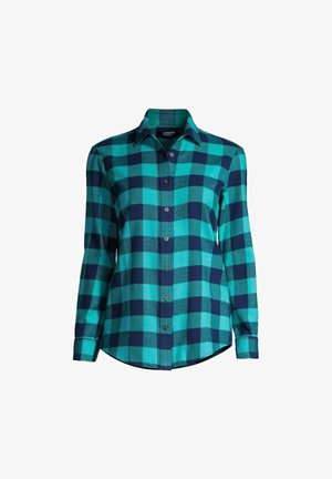 Koszula z długim rękawem zapinana na guziki, z wzorem buffalo w kolorze morskim i granatowym, klasycznym kołnierzem i zaokrąglonym dołem.