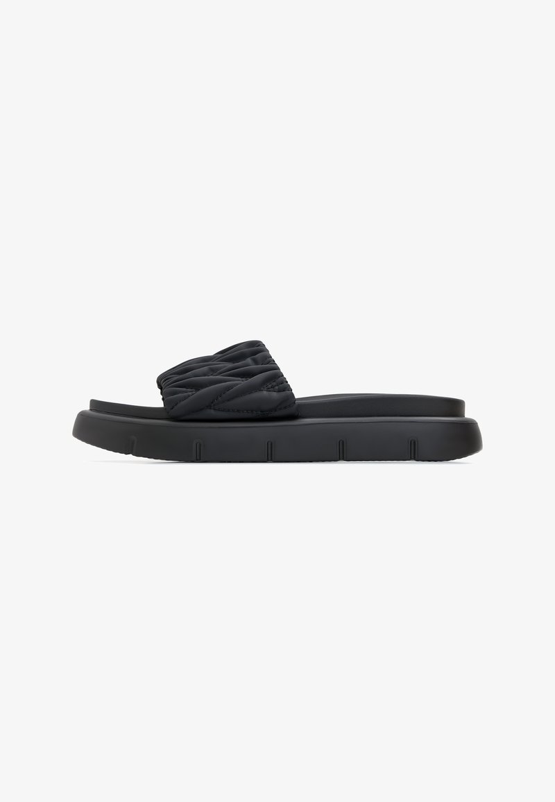 Sandales noires à glissière avec un dessus matelassé et une semelle épaisse et texturée avec des rainures pour une meilleure traction. Design léger et minimaliste.