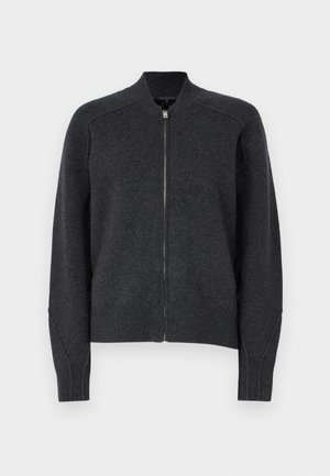 Dark gray, knitted zip-up sweater with a stand collar, raglan sleeves, and ribbed cuffs. Soft texture with a minimalist design.