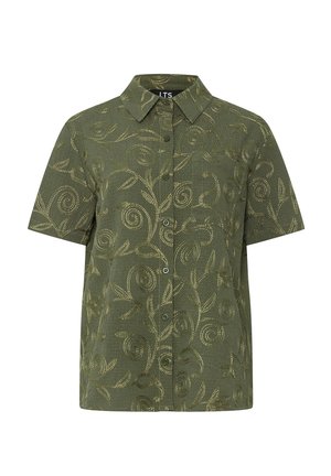 Grøn kortærmet skjorte med knapper, spids krave og tekstureret, snurrende bladbroderimønster over det hele.