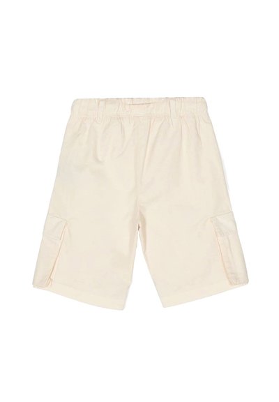 Shorts cargo beige chiaro con una cintura elastica, due tasche laterali e un tessuto morbido e testurizzato. Presentano una vestibilità dritta e un orlo.