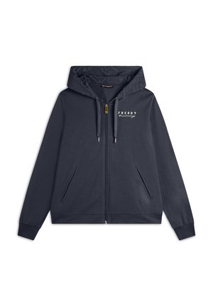 Felpa con zip di colore blu navy in tessuto morbido, con cappuccio regolabile, due tasche frontali e un logo sul petto. Accenti in cerniera dorati.