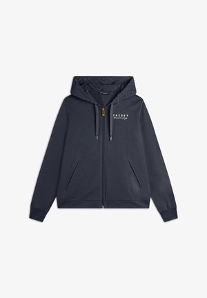 Felpa con zip di colore blu navy in tessuto morbido, con cappuccio regolabile, due tasche frontali e un logo sul petto. Accenti in cerniera dorati.