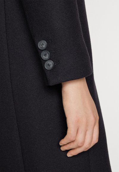 Manica di un cappotto nero con tre bottoni rotondi e tessuto texturizzato. Primo piano di una mano appoggiata sul cappotto, che evidenzia i dettagli dei bottoni.