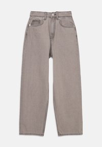 Gray denim jeans with a high waist, wide-leg design, and visible stitching. Features front pockets and a button closure.