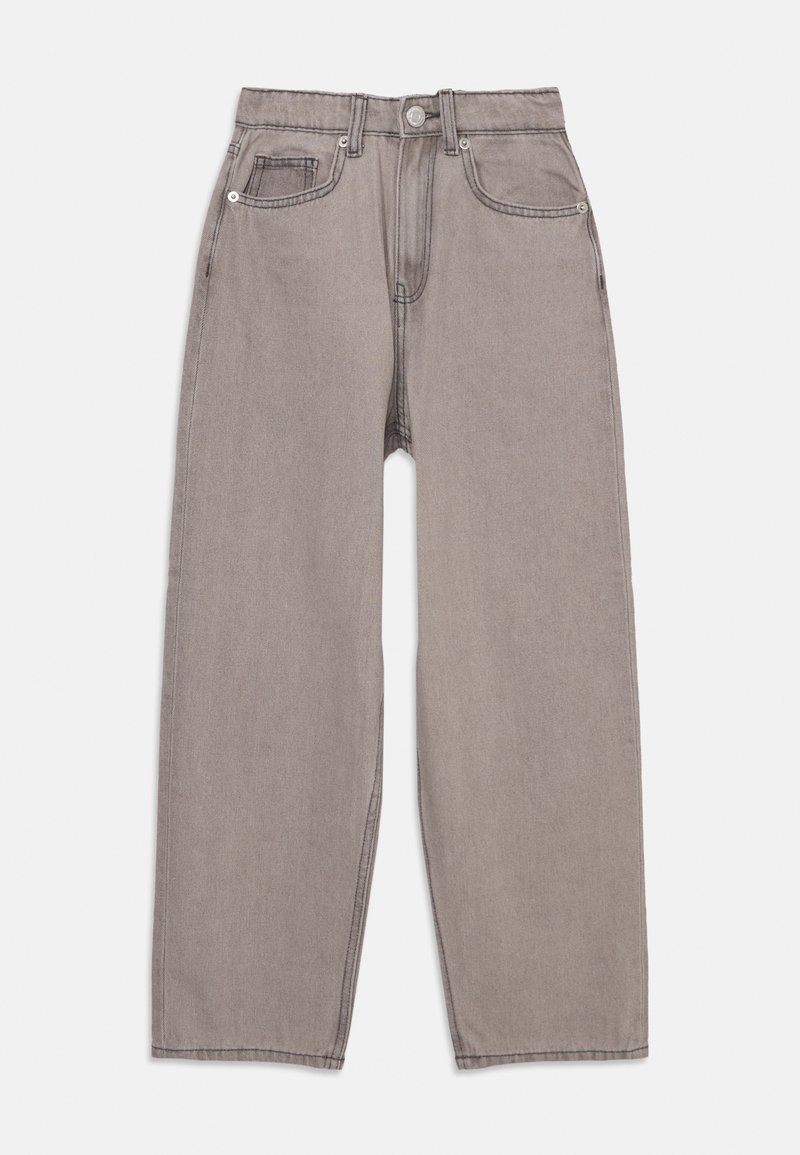 Graue Denim-Jeans mit hoher Taillierung, weitem Bein und sichtbarer Naht. Sie verfügen über vordere Taschen und einen Knopfverschluss.