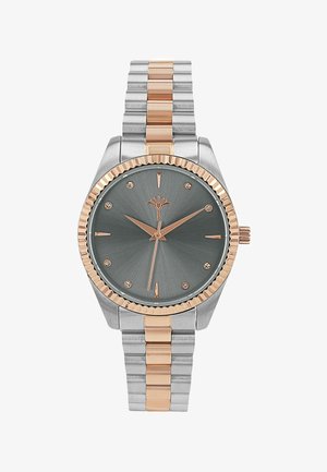 Silver and rose gold watch with a textured grey dial, 12 hour markers, and a ridged bezel. Metal bracelet with alternating color links.