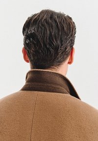 Brązowy wełniany płaszcz z wysokim kołnierzem, cechujący się gładką fakturą i kontrastowym ciemnoczerwonym wewnętrznym kołnierzem. Z tyłu prezentuje faliste włosy.