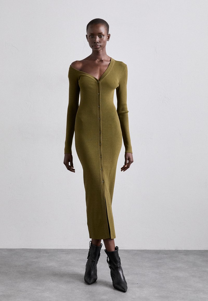 staud olive green dress Ayla Linen Dress in Porto Stripe