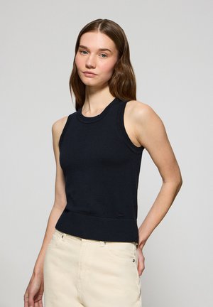Black knitted sleeveless top with a round neckline and ribbed hem. The fabric has a smooth texture, accentuating a fitted silhouette.
