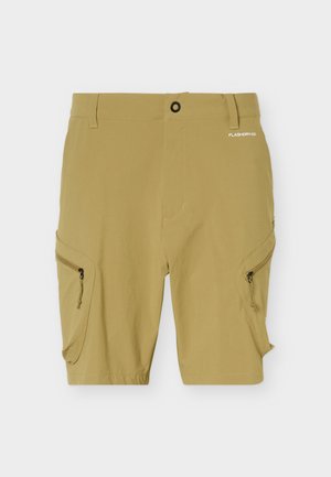 Beige knelang shorts med knapp foran, beltestropper, to glidelåslommer og "FLASHDRY-XD" trykt nær linningen.