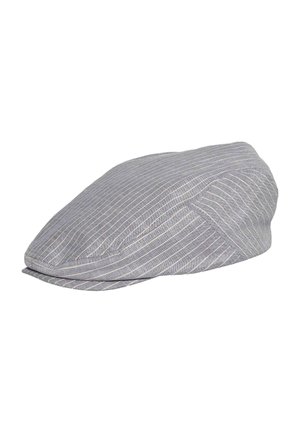 Gray flat cap with white vertical pinstripes and a short, stiff brim angled downward.
