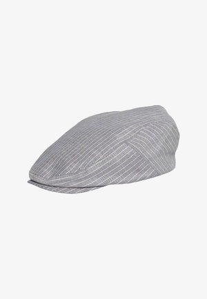 Gray flat cap with white vertical pinstripes and a short, stiff brim angled downward.